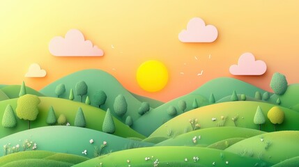 Obraz premium illustration of Summer fields landscape with a dawn,Rainbow, green grass hills, bright color blue sky, country background,banner resting vacation.