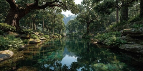 Obraz premium Lush forest landscape with serene river reflecting trees during midday sunlight in a tranquil setting