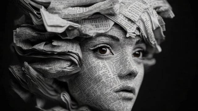 Handcrafted newspaper doll with head shaped like a female's face, great for home decoration and modern interior design.