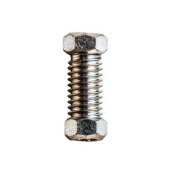 Close-up of a metallic hex bolt showcasing the detailed threads and surface texture on a white...