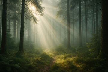Fototapeta premium Misty Forest with Sun Rays – Magical Morning Light in Woodland