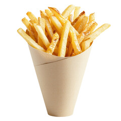 Crispy Golden French Fries in Paper Cone on White Background Perfect for Fast Food Menus and Snack Images