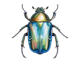 Detailed illustration of a vibrant iridescent beetle, showcasing its metallic green, blue, and gold hues