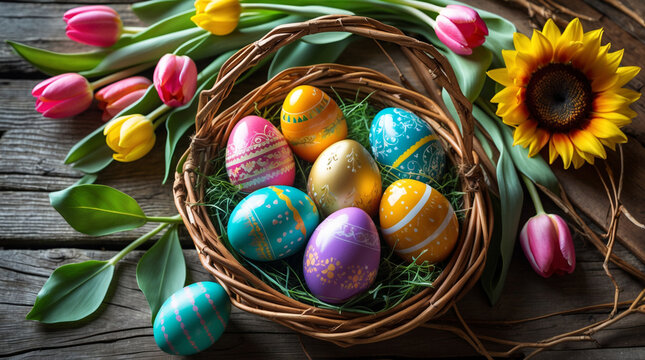 Decorated easter eggs in basket with tulips and sunflower decorated eggs spring