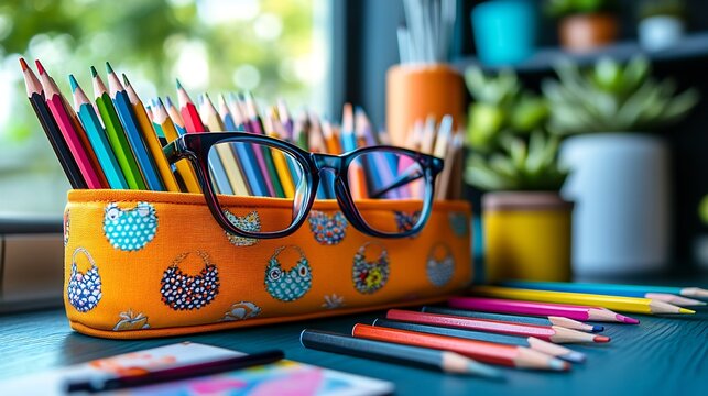 Cute cartoon themed glasses case resting on a desk with colored pencils art supplies and a half finished sketch hinting at a creative afternoon