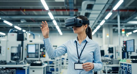 Woman using virtual reality headset for industrial training in smart factory,advanced manufacturing,simulation technology,automation innovation and future digital engineering systems