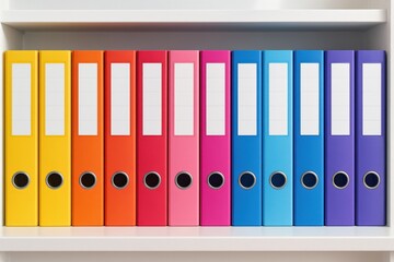Rainbow Row of Binders Organizing Documents Showcases a colorful spectrum on a shelf, suggesting order and efficiency for business or academic filing.