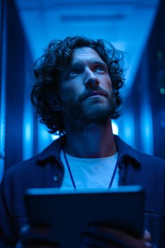IT specialist inspecting servers in a data center with a tablet, illuminated by blue light, ensuring optimal performance and security.