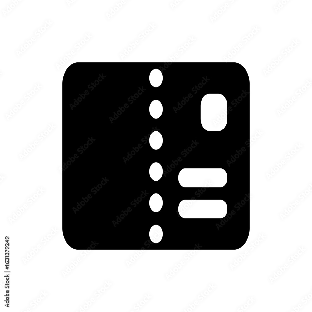 Poster black card with rounded corners featuring a chip and a series of white circles on the left side edge