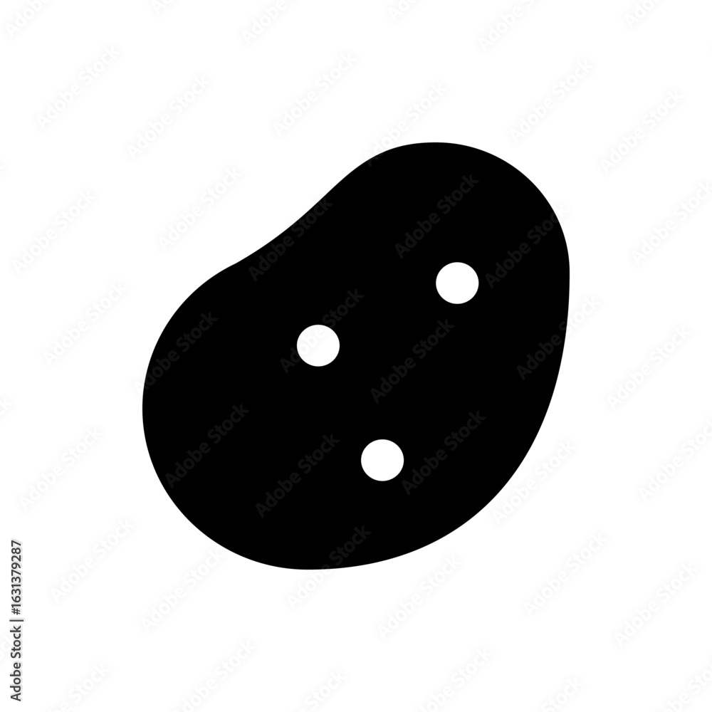 Aufkleber illustration of a black potato with three white spots arranged in a triangular pattern on a white ba