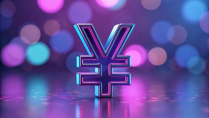 Obraz premium Metallic Yen Symbol on Reflective Surface with Vibrant Purple, Blue, and Pink Bokeh Lights in Background