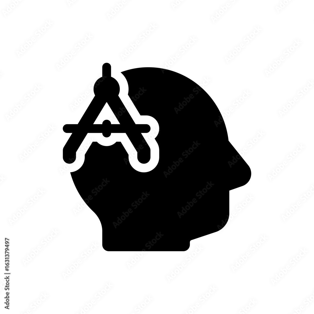Poster silhouette of a head with a compass above it representing geometry and mathematical thinking process