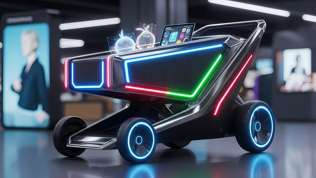 A futuristic shopping cart with neon lights and digital displays inside a modern retail environment setting - Powered by Adobe