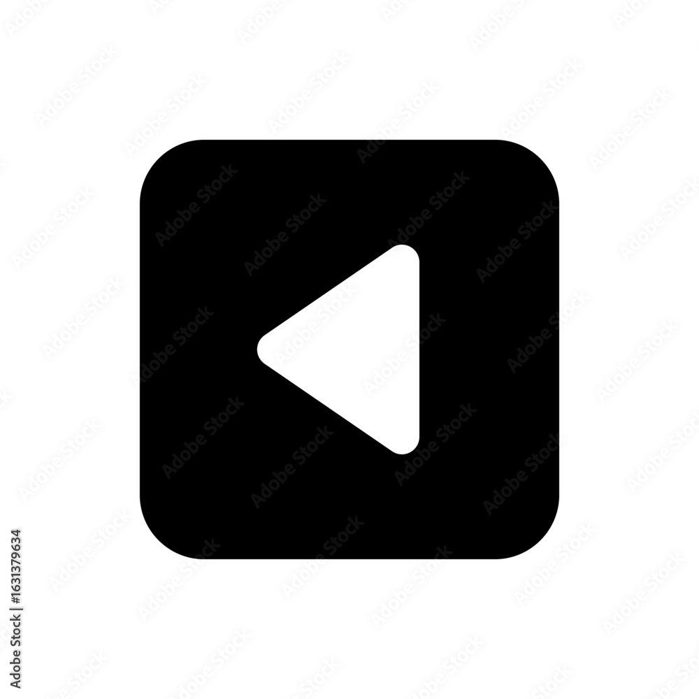 Poster black square with rounded corners containing a white leftward pointing arrow in the center design el