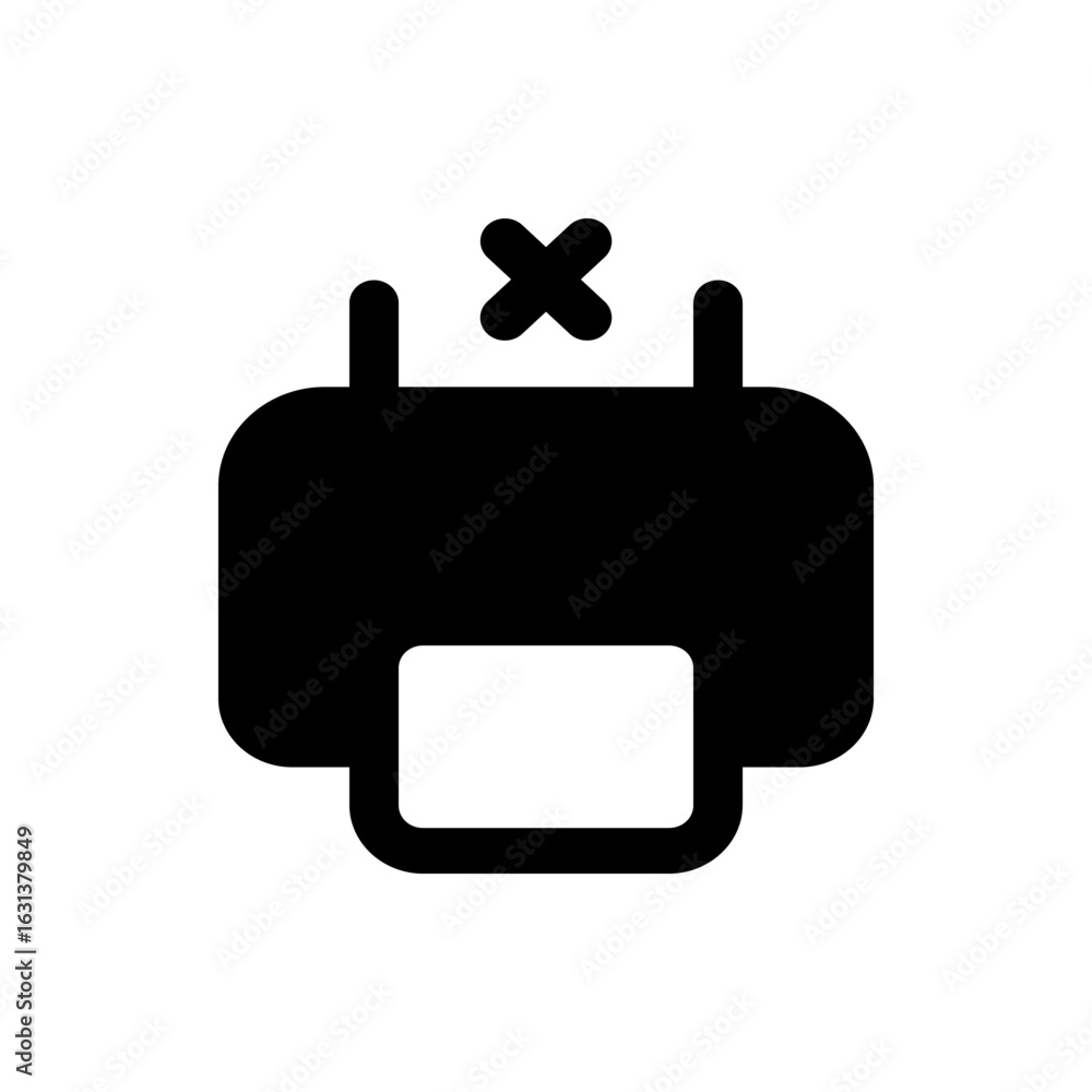 Poster black printer icon with a cross mark above it indicating an error or malfunction in printing process