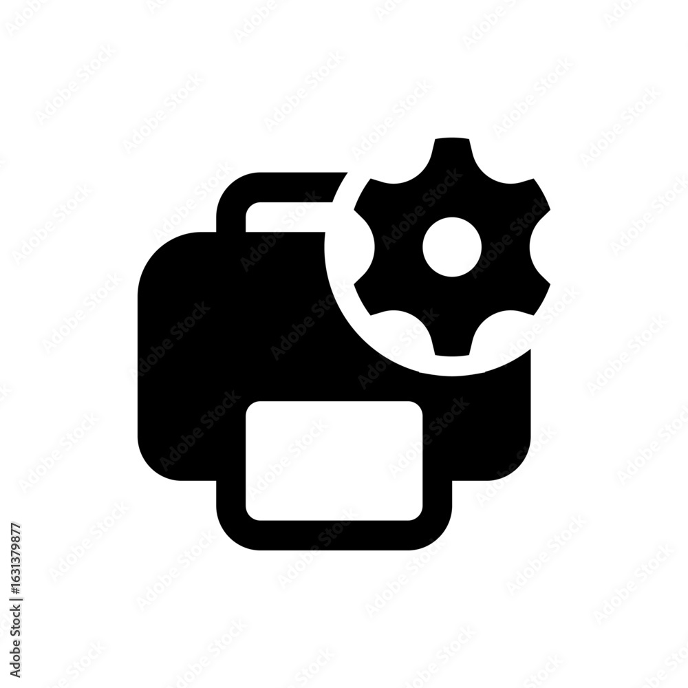 Poster black printer with a gear icon overlapping the top right corner representing configuration settings 
