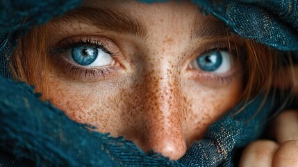 Beautiful close-up of a young woman with striking blue eyes and red hair wrapped in a dark scarf, showcasing her freckles and capturing soft light