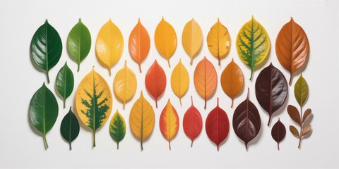 Colorful leaf spectrum showcasing the life cycle and autumn seasonal change on a white background.