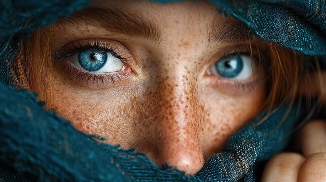 Beautiful close-up of a young woman with striking blue eyes and red hair wrapped in a dark scarf, showcasing her freckles and capturing soft light