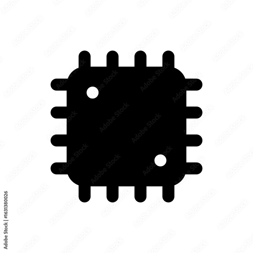 Poster illustration of a black computer chip with multiple pins and two small white circles on the main bod