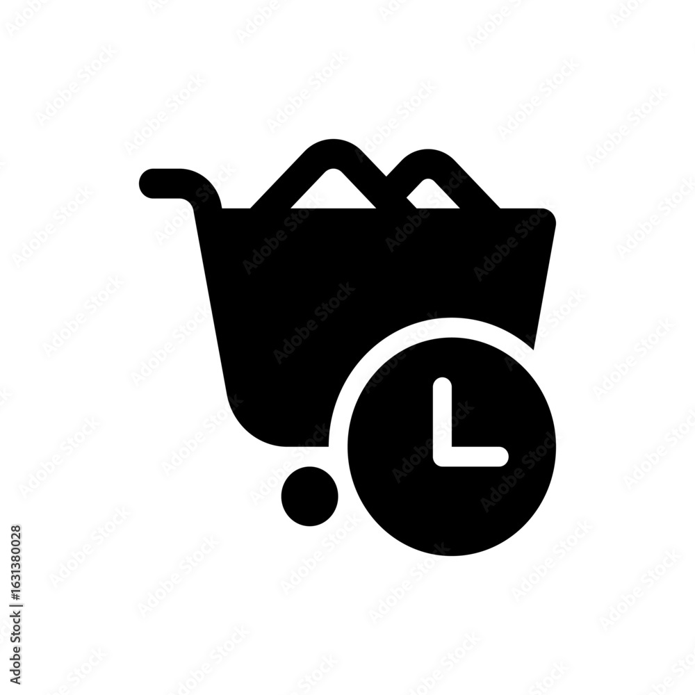 Poster black shopping cart with items inside and a clock icon indicating delivery time on a white backgroun