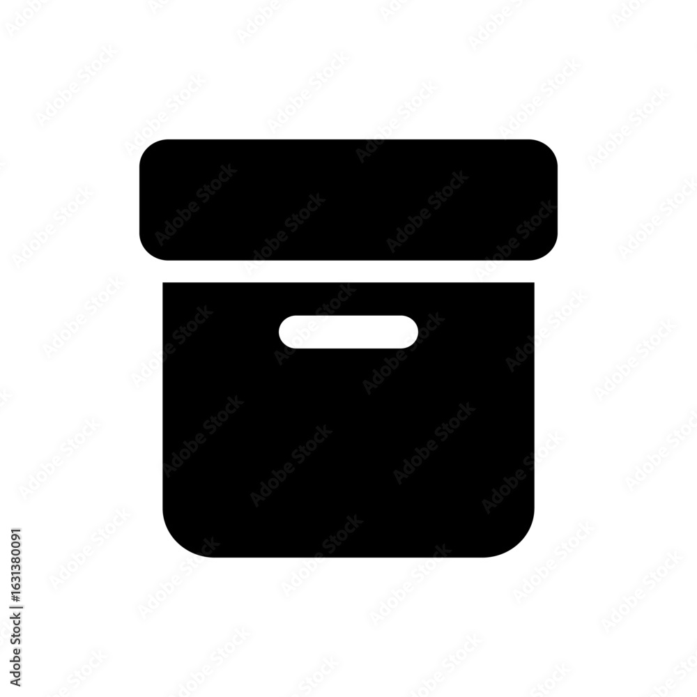 Poster illustration of a black storage box with a lid and handle for organizing items in a simple design