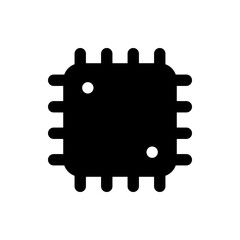 Illustration of a black computer chip with multiple pins and two small white circles on the main body area