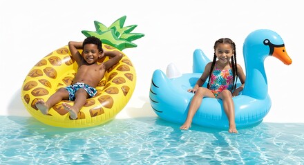 陽光輝くプール、笑顔の子ども達 浮き輪で遊ぶ夏の幸せ. AI Generated