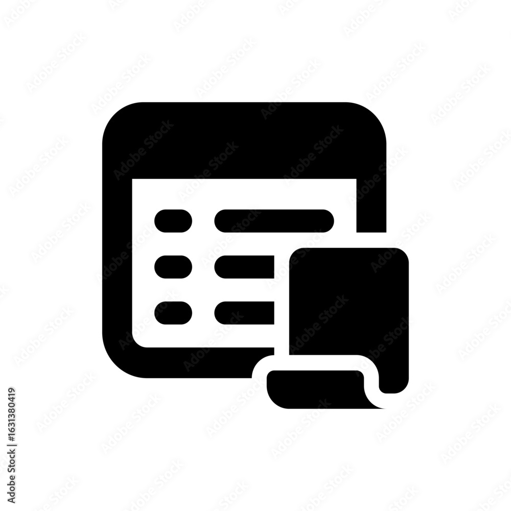 Poster Black and white icon showing a document with bullet points and a curled page in the lower right corner