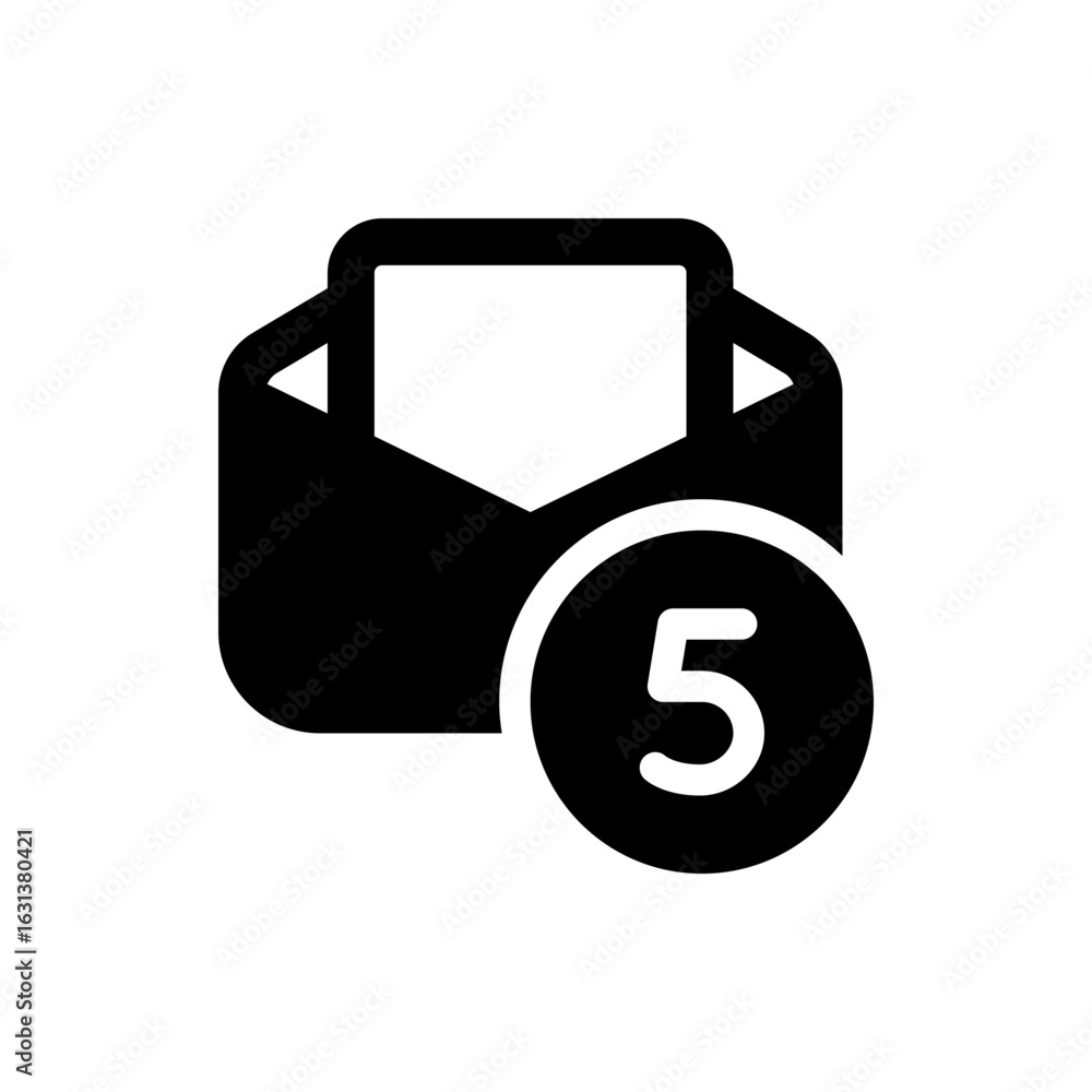 Poster open black envelope with a white sheet inside and a circle containing the number five indicating new