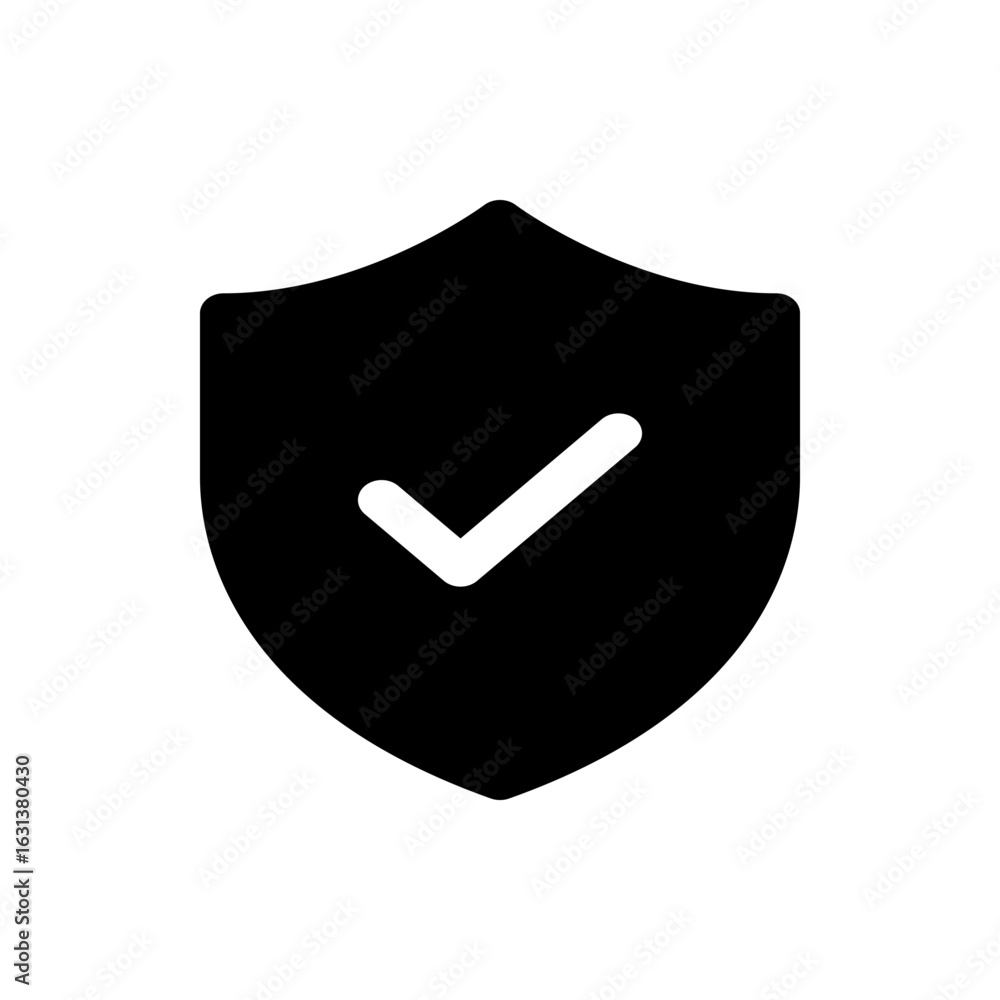 Poster black shield with a white check mark inside representing security and protection in a simple design