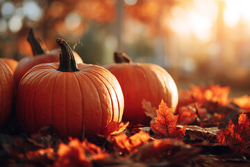 Autumn harvest pumpkins rest on a bed of vibrant leaves