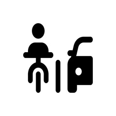 Person on a bicycle parked next to a parking meter and a car in a simple black and white illustration