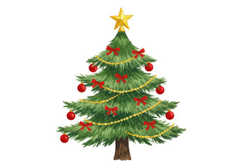 Fototapeta premium Decorated christmas tree with ornaments, bows, garland, and star, festive holiday celebration isolated on transparent background