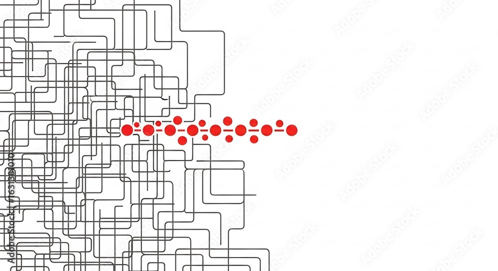 Poster abstract digital circuit pattern with red dots on white background