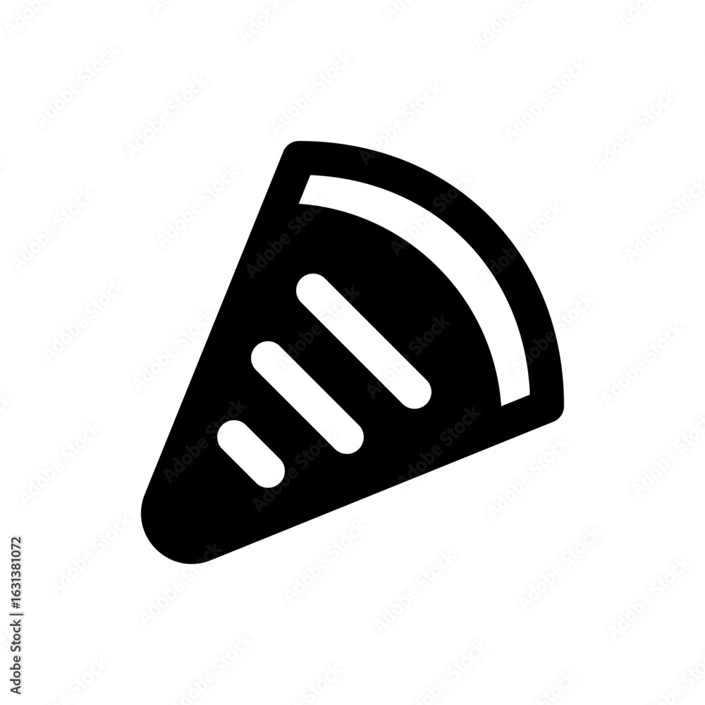 Poster illustration of a black slice with white lines representing a food item such as a pizza slice or pie
