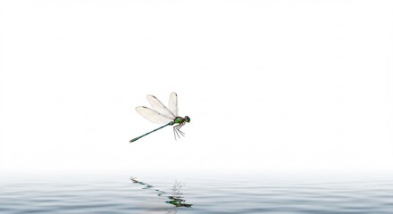 水面に映る繊細なトンボ 柔らかな光 静寂漂う水面. AI Generated