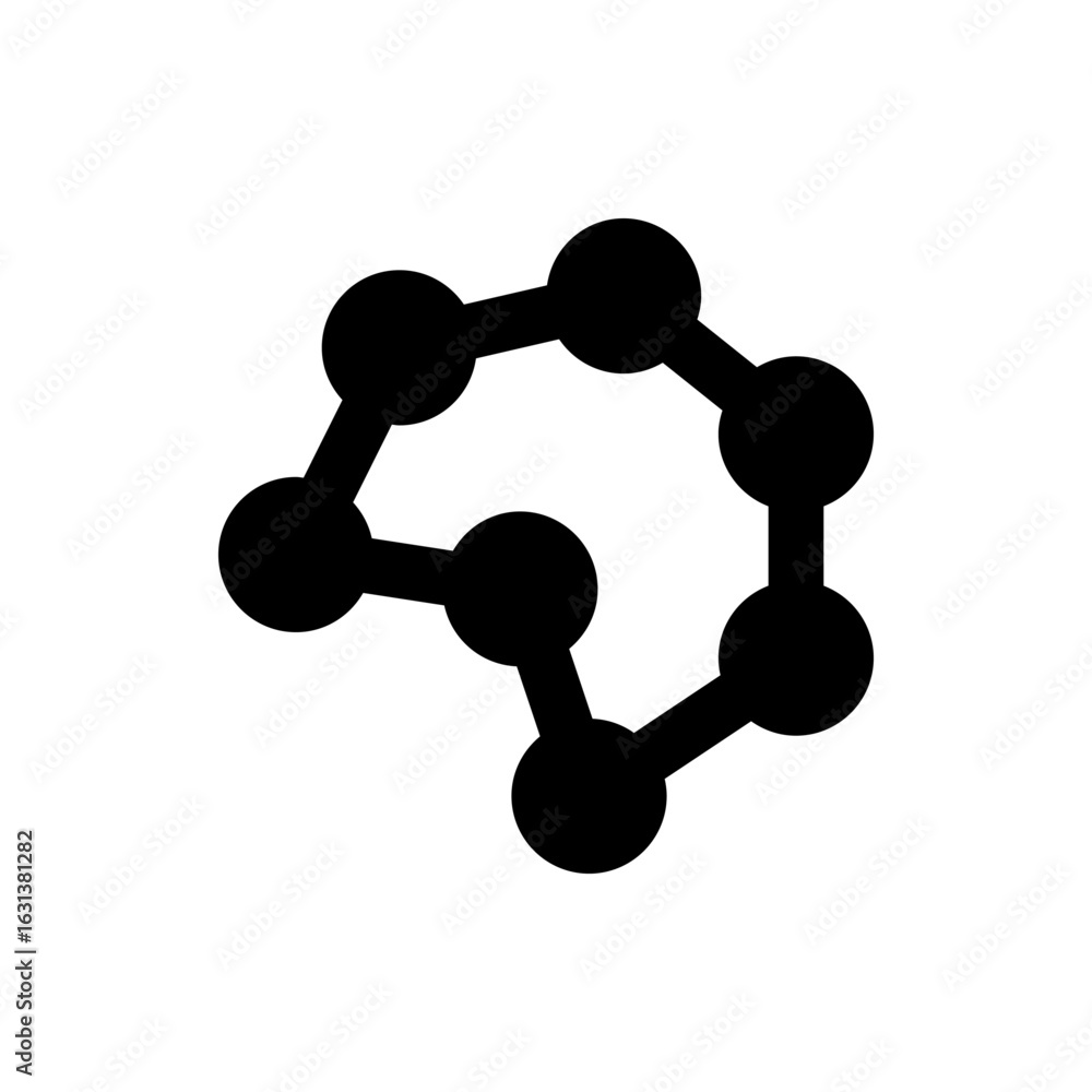 Poster black circular molecule structure with connected nodes forming an irregular polygon shape on white b