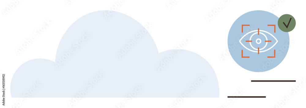 Poster cloud shape alongside an eye inside focus marks with a green checkmark. ideal for data privacy, cybe