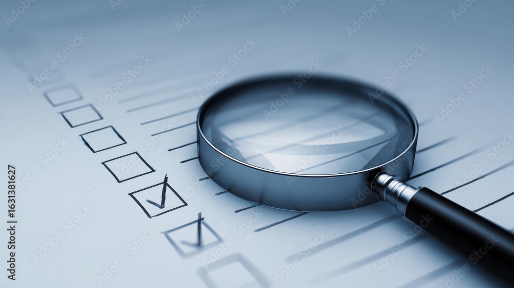 Poster the magnifying glass emphasizing a checklist in a professional setting.