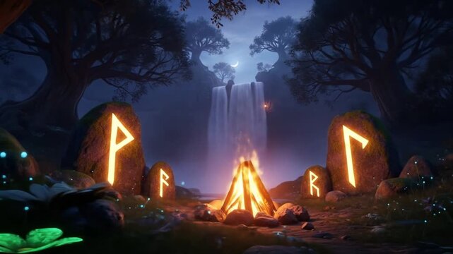 Enchanted Forest Night Scene with Rune Stones, Campfire and Waterfalls at Moonlit Mystical Landscape