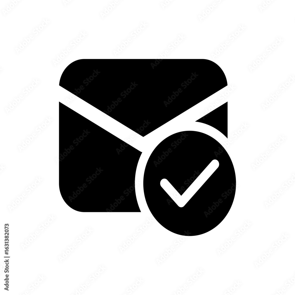 Poster black and white graphic of an envelope with a check mark inside of a circle on the lower right side