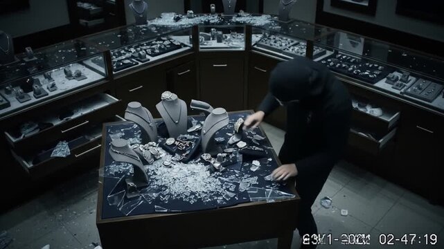 Security Camera Captures Dramatic Jewelry Heist by Masked Intruder at Night Time