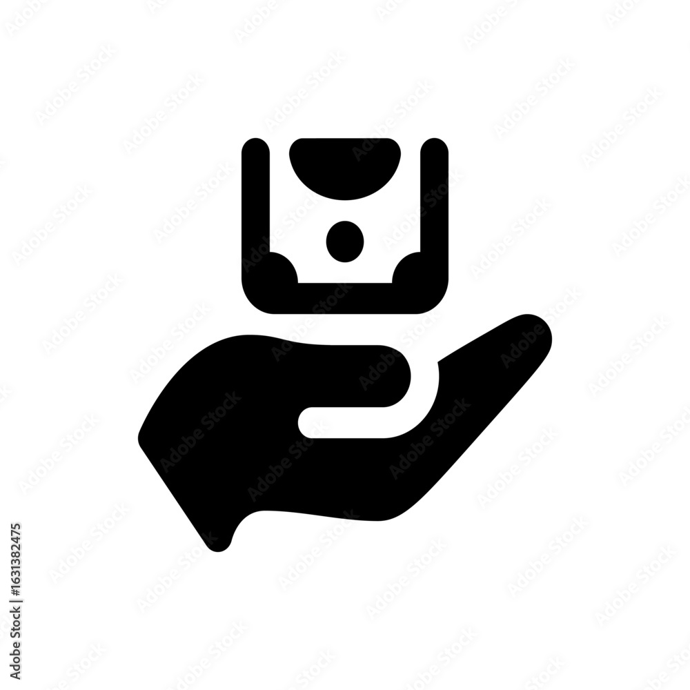 Poster Black silhouette of a hand holding a currency note with a circle on it in a simple vector design