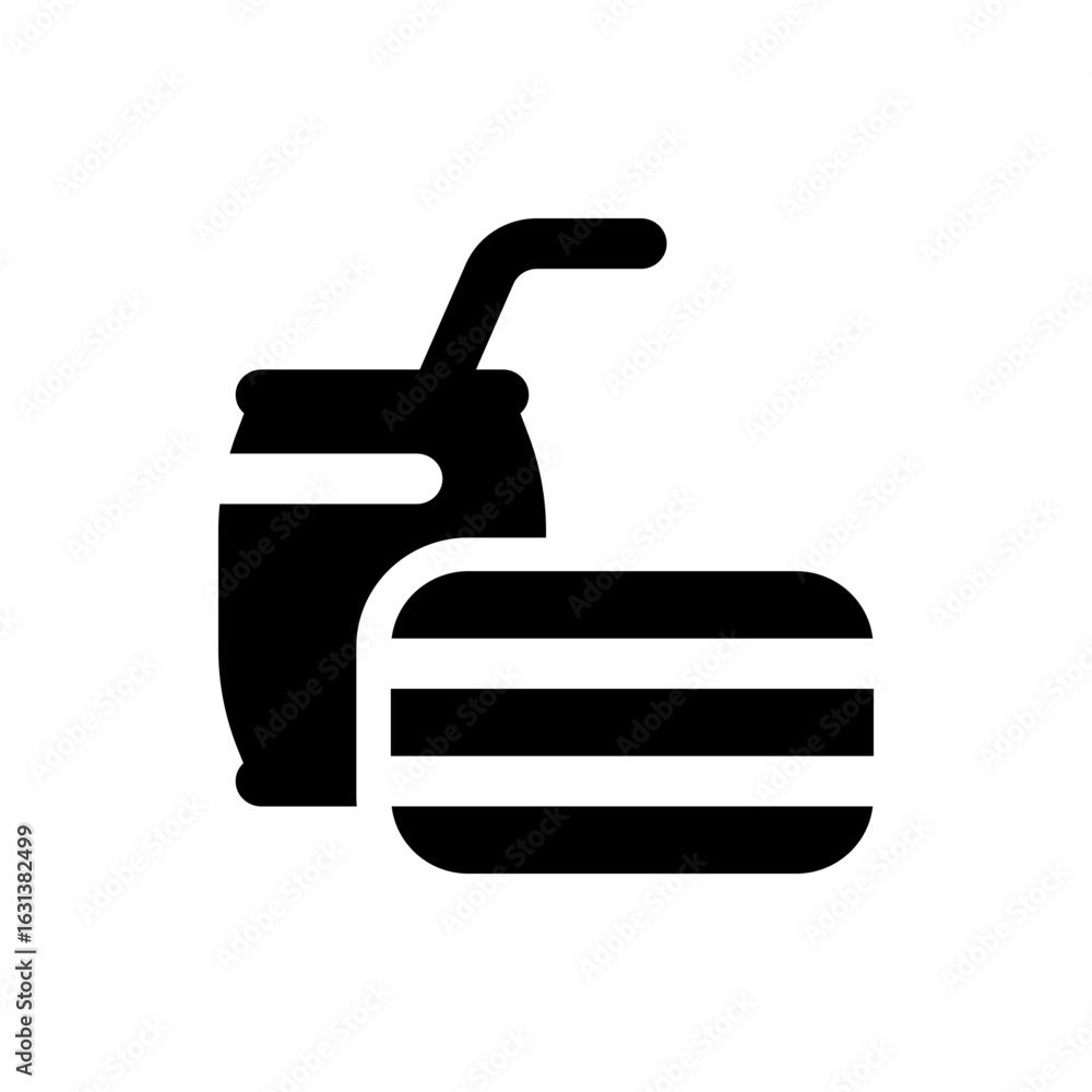 Poster illustration of a drink can with a straw next to a rectangular object with horizontal stripes design