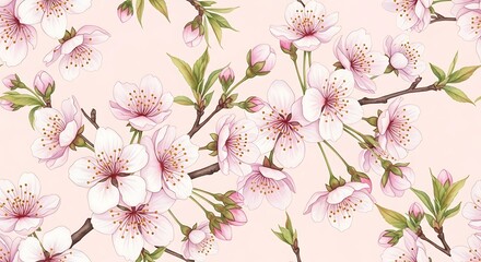 Gentle blossoming: a delicate floral tapestry of cherry blossoms on pale backdrop