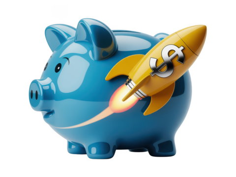 Blue piggy bank with rocket launching money isolated on transparent background