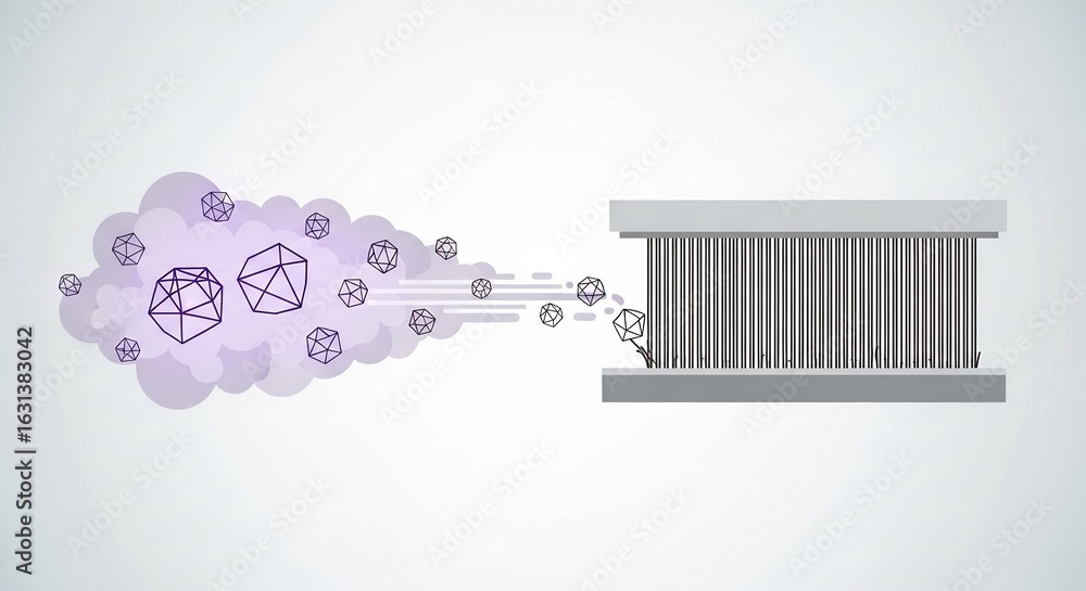 Poster digital data cloud connecting to server with geometric icons in purple and gray