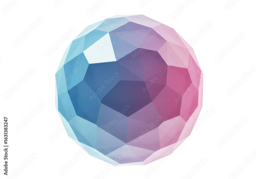 Poster a 3d render of a geometric faceted sphere with a blue to pink gradient, isolated on a transparent ba