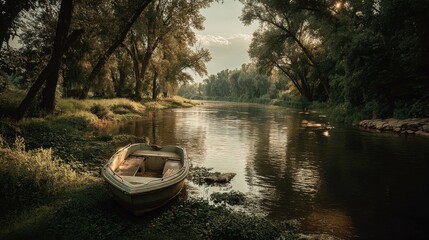 Fototapeta premium Serene River Landscape with Rowboat: A Tranquil Scene of Nature and Reflection